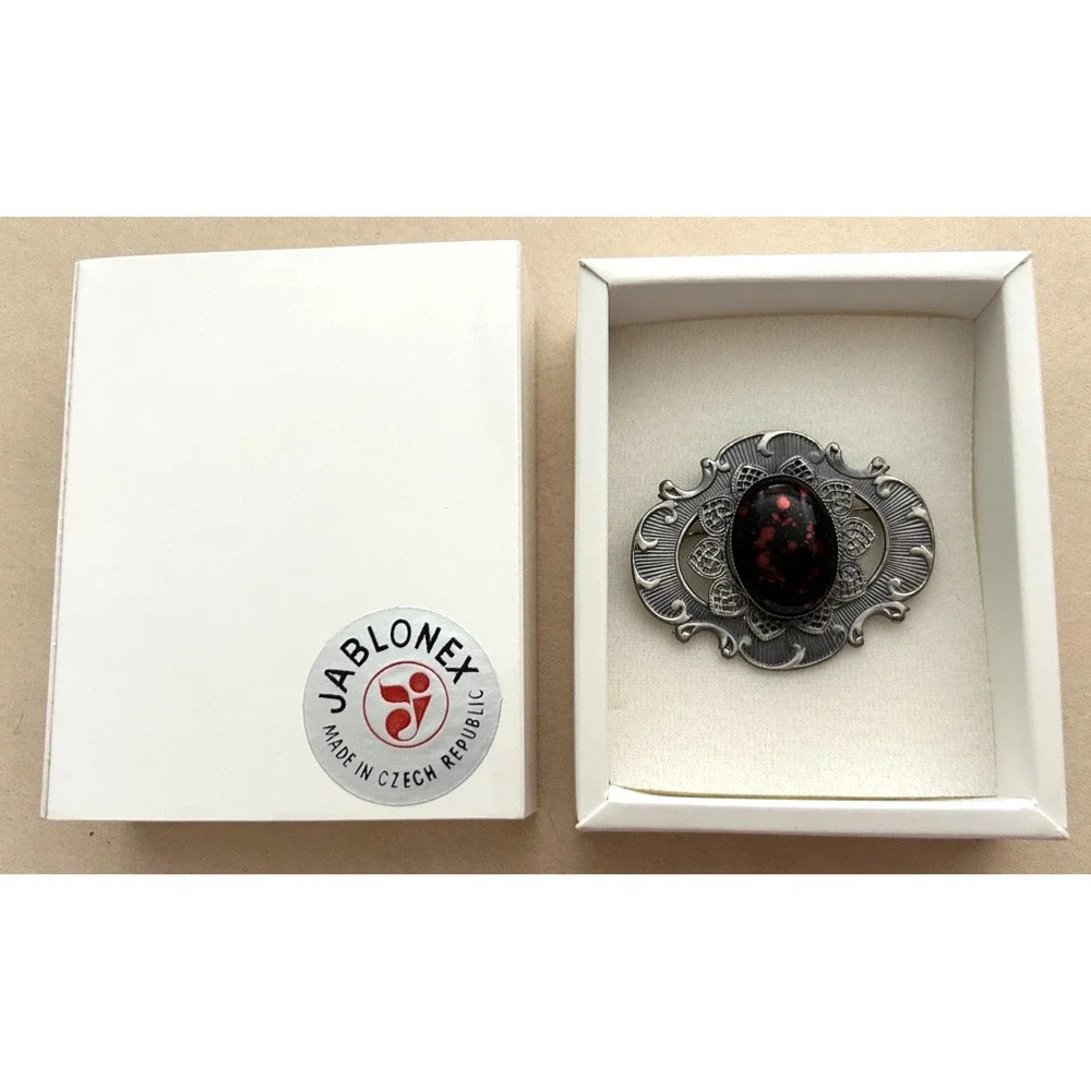 Jablonex Victorian Style Brooch New Boxed Czech Glass Red Black Cabochon Goth